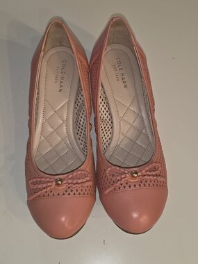 Cole Haan Coral-Pink Perforated Leather Ballet Flats with Braided Bow